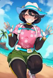 nintendo game_freak pokemon pokemon_ww leafyviolet ai_generated 2d protagonist_(pokemon) female_protagonist_(pokemon_ww) 1girls 1girl female female_only female_focus bodysuit black_bodysuit bodysuit_under_clothes fully_clothed pink_shirt shorts green_shorts black_hair dark_blue_eyes gray_eyes white_hat blue_sky clouds beach sand thick_thighs white_sneakers gloves blush