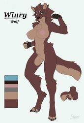 2019 5_fingers anthro areola ass biceps big_breasts blue_eyes breasts brown_fur canid canine canis claws clothing digital_media_(artwork) female fingerless_gloves fingers flexing fur gloves handwear hi_res looking_at_viewer mammal missy_(artist) model_sheet muscular muscular_female nipples nude pussy simple_background smile solo standing tuft winry_(unfoundedanxiety) wolf