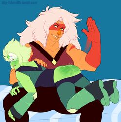 2girls ass ass_slap bare_ass bondage boots breasts cleavage clothed female female_only gloves green_skin half-closed_eyes high_resolution huge_breasts jasper_(steven_universe) larger_female limb_enhancers looking_back motion_blur muscular on_lap orange_skin peridot_(steven_universe) red_nails shadowpelt size_difference slap_mark smaller_female spank_marks spanking steven_universe text thick_thighs two-tone_skin url watermark wide_hips