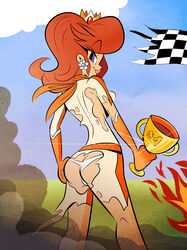 1girls ass blue_eyes checkered_flag crown earrings female female_only fire looking_back mario_(series) mario_kart nintendo orange_hair panties princess_daisy smoke solo suit themrock thong torn_clothes trophy