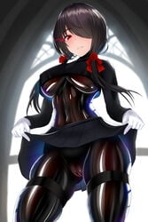 black_hair black_skirt bodysuit cameltoe damao_yu date_a_live eyebrows_visible_through_hair female flirting garter gloves hair_accessory hair_over_one_eye hourglass_figure jpg looking_at_viewer no_panties_under_skirt one_eye_covered pleated_skirt red_eyes seifuku skirt skirt_lift solo thick_thighs thigh_squish tokisaki_kurumi twintails underboob