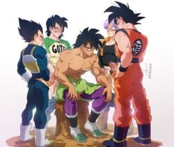 5boys bare_chest black_hair broly broly_(dragon_ball_super) bulge clothed clothing dragon_ball dragon_ball_super gay group_masturbation kimmanko male male_only muscles muscular pants_down pecs penis scars son_goku son_goten trunks_briefs uncensored vegeta white_background yaoi