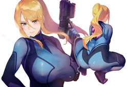 1girls alternate_breast_size ass big_ass big_breasts blonde_hair blue_eyes bodysuit breasts bubble_butt crouching female female_only firearm gun hair_between_eyes handgun huge_breasts human iku_(ikuchan_kaoru) large_breasts looking_at_viewer metroid nintendo nipple_bulge pale_skin ponytail samus_aran shiny shiny_clothes sidelocks solo weapon white_background zero_suit zero_suit_samus