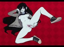 adventure_time areolae barefoot black_hair breasts clitoris feet female female_only goth long_hair looking_at_viewer lying marceline medium_breasts navel nipples oerba_yun_fang on_back pussy red_eyes shirt shoes smile sneakers solo solo_female spread_legs spread_vagina spreading thighs vampire vanilly wet_pussy