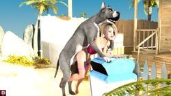 3d 3d_(artwork) blonde_hair bottomless canine closed_eyes dog doggy_style female_on_feral fence garbage_bin medium_breasts outdoors palm_tree panties tagme wyllscarlett zoophilia