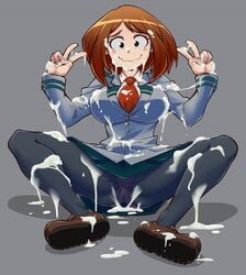 bukkake clothed cum cum_all_over fully_clothed my_hero_academia ochako_uraraka school_uniform short_hair victory