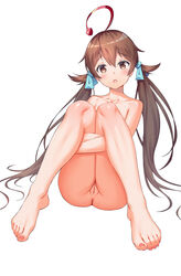 1girls absurdres ahoge aqua_ribbon ass barefoot brown_eyes brown_hair chinese_commentary completely_nude completely_nude_female eyebrows_visible_through_hair female female_only full_body highres innie_pussy konishi_(565112307) legs_folded legs_together long_hair long_twintails looking_at_viewer naked naked_female nude nude_female pink_nails pussy ribbon shinka_musume shinka_musume_channel sitting solo solo_female toes twintails uncensored virtual_youtuber white_background