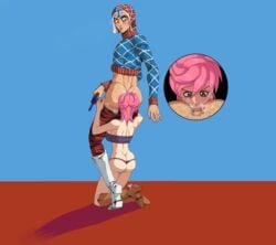 1boy 1boy1girl 1girls anilingus ass ass_grab ass_lick ass_licking black_eyes black_hair blue_background female first_kiss french_kiss green_eyes guido_mista hairy hairy_anus hairy_ass jojo's_bizarre_adventure kissing kokobiel licking_ass male male_anilingus pink_hair rimming sucking_anus trish_una vento_aureo