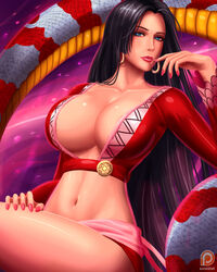 1girls belly_button big_breasts black_hair blue_eyes boa_hancock breasts busty cleavage earrings eye_contact female female_only finger_to_mouth fully_clothed giant_snake huge_breasts human large_breasts light_smile lipstick long_hair looking_at_viewer midriff navel one_piece pink_nail_polish pink_nails pinup reclining red_shirt revealing_clothes salome_(one_piece) sash shirt short_shirt sitting smile smiling snake snake_earrings solo stomach svoidist thighs