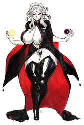 1girls alternate_breast_size alternate_costume big_breasts black_cloak black_sclera boots breasts bursting_breasts cleavage curvaceous curvy esho female female_only grey_hair grey_skin huge_breasts large_breasts latex latex_thighhighs looking_at_viewer magic milf nipple_slip pale_skin red_eyes rwby salem_(rwby) solo solo_female thick thick_thighs thigh_boots thighhigh_boots thighhighs thong white_background white_hair white_skin wide_hips