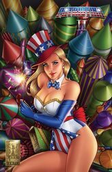 1girls 4th_of_july alternate_costume american_flag american_flag_hat big_breasts blonde_hair blue_eyes blue_gloves bow_tie bowtie breasts busty cleavage clothed collar deep_cleavage earrings elbow_gloves explosives eye_contact eyeshadow female female_only fireworks from_above full_cleavage gloves hat human large_breasts leotard lipstick long_hair looking_at_viewer lying lying_down lying_on_back makeup mascara official_art patriotika pinup smile smiling solo sorah_suhng sparklers star_earrings strapless_leotard text thighs top_hat white_clothing