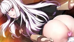 1girls absurdres ass censored clenched_teeth female fire_emblem fire_emblem:_three_houses garreg_mach_monastery_uniform heart heart_censor highres hiiraginoki long_hair long_sleeves looking_back lysithea_von_ordelia panties pink_eyes solo teeth toranpo_rintarou underwear uniform white_hair white_panties