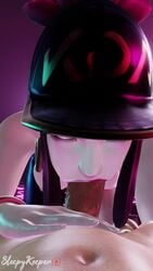 1boy 1girls 3d akali animated areola ball_fondling balls bent_over blender blinking earrings erection fellatio female fingernails hat k/da_akali k/da_series large_breasts large_penis league_of_legends lipstick long_hair male nipples nude oral pale-skinned_female purple_eyes purple_hair riot_games sleepykeeper straight testicles topless video