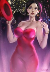 1girls blue_eyes bracelet breasts brown_hair cleavage clothed clothing curvy detailed_background dress earrings female female_only fingernails large_breasts long_hair looking_at_viewer mario_(series) nintendo pauline ragecndy red_dress solo standing super_mario_odyssey thick wide_hips