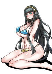 :d aqua_eyes bangs barefoot bikini black_hair blue_bikini blunt_bangs blush bracelet breasts cleavage cleopatra_(fate) earrings facial_mark fate/grand_order fate_(series) feet female gggg hairband high_resolution jewelry long_hair looking_at_viewer navel open_mouth simple_background sitting smile solo sweatdrop swimsuit very_high_resolution very_long_hair wariza white_background