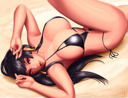 1girls armpits arms_up beach beauty_mark big_breasts bikini bikini_bottom bikini_top black_bikini black_bikini_bottom black_bikini_top black_bra black_hair black_panties black_thong bra breasts busty cleavage curvaceous curvy dead_or_alive earrings eye_contact female female_only half-closed_eyes hime_cut huge_breasts jewelry knee_up large_breasts licking_lips long_hair looking_at_viewer looking_up lying lying_down lying_on_back nyotengu panties patreon pinup purple_eyes sand sideboob solo svoidist thick_thighs thighs thong tongue tongue_out voluptuous watermark