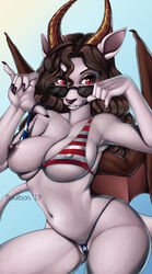 2019 5_fingers american_flag american_flag_bikini anthro areola bikini bourbon._(artist) breasts brown_hair clothing digital_media_(artwork) dragon eyebrows eyelashes eyewear female fingers hair hi_res horn membrane_(anatomy) membranous_wings nipples one_breast_out red_eyes solo sunglasses swimwear wings