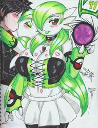1boy 1girls 2019 abs alternate_hairstyle anthro anthrofied breasts corset dated female gardevoir gloves huge_breasts human interspecies kiss kissing male mega_stone nintendo original_character pokemon pokemon_(species) pokemon_rse sketch text watermark