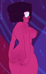 abstract_background breasts cowboy_shot female female_only female_solo garnet_(steven_universe) gem_(species) gem_fusion goggles huge_breasts nude purple_skin self_ass_grab shadowpelt smile solo steven_universe thick_thighs thighs