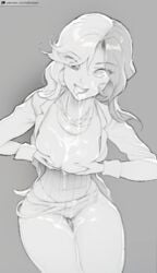 1girls breasts cleavage cum cum_drip cum_on_breasts cum_on_face cum_on_thighs female female_only looking_at_viewer monochrome naftosaur neo_(rwby) open_mouth rooster_teeth rwby solo solo_female tongue tongue_out