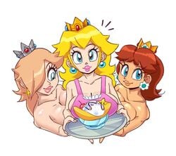 3girls blonde_hair blue_eyes breasts brown_hair cleavage earrings female female_only food looking_at_viewer mario_(series) multiple_girls nintendo princess_daisy princess_peach princess_rosalina simple_background squidapple star super_mario_bros. video_games white_background