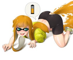 all_fours anal_access catmask domino_mask female female inkling long_hair mask open_mouth orange_hair speech_bubble splatoon tentacle_hair white_background