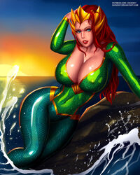 1girls aquaman_(series) arm_up artist_name atlantean big_breasts blue_clothing blue_eyes breasts busty cleavage clothed crown curvaceous curvy dc dc_comics erect_nipples erect_nipples_under_clothes eyeshadow female female_only fish_scales fishscales green_clothing huge_breasts human jpeg large_breasts lipstick long_hair makeup mascara mera nipple_bulge nipples pinup red_hair red_lips red_lipstick sitting solo svoidist text thick_thighs thighs voluptuous water waves wet