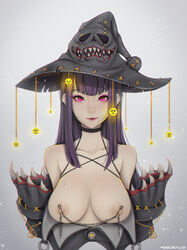 areolae artist_name bangs bare_shoulders black_choker breasts chains choker clavicle detached_sleeves eyelashes eyeshadow face female grey_background halterneck hat high_resolution large_breasts light_smile liya_nikorov long_hair looking_at_viewer makeup mole mole_on_breast mole_under_mouth multi_mouth nipple_clamps nipple_piercings nipples original piercing purple_eyes purple_hair purple_lips sharp_teeth smirk solo straight_hair teeth upper_body very_high_resolution witch witch_hat