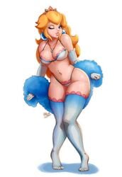 1girls blonde_hair blue_eyes bluesupersonic bra breast curvy earrings elbow_gloves feather_boa female female_only full_body fur_scarf gloves highleg highleg_panties knees_together_feet_apart long_hair looking_at_viewer mario_(series) navel_piercing necklace nintendo no_shoes one_eye_closed panties piercing princess_peach simple_background smile solo standing thick thighhighs underwear underwear_only video_games white_background white_bra white_panties wide_hips wink