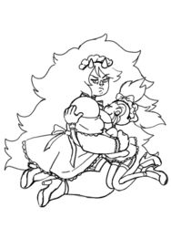 2girls breasts cartoon_network cheekers cleavage clothed dress eye_contact half-closed_eyes hug huge_breasts jasper_(steven_universe) larger_female looking_at_viewer maid_uniform monochrome size_difference smaller_female source_request spinel_(steven_universe) steven_universe steven_universe:_the_movie wink