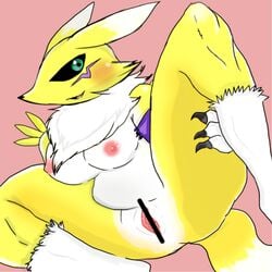 anthro black_sclera blush censored claws denbukuro digimon female fur_tuft green_eyes large_breasts open_mouth pink_background renamon solo spread_legs tail thick_thighs vagina yellow_fur