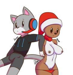 anthro breasts bulge capreoline cervid clothed clothing dashie domestic_cat duo felid feline felis female gulasauce_(artist) hi_res looking_at_viewer male mammal nipples partially_clothed penis_outline pussy reindeer sevenny simple_background