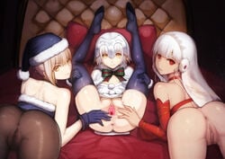 3girls absurdres all_fours altera_(fate) altera_the_santa anus artoria_pendragon artoria_pendragon_(alter) ass back bangs bare_shoulders bell black_gloves blush bow bra braid breasts brown_legwear capelet choker closed_mouth dark_skin deep_skin detached_sleeves earmuffs eyebrows_visible_through_hair fate/grand_order fate/stay_night fate_(series) female female_only french_braid from_behind fur-trimmed_capelet fur-trimmed_gloves fur_trim gloves green_bow green_ribbons hair_between_eyes headpiece highres jeanne_d'arc_(fate)_(all) legs_up long_hair looking_at_viewer looking_back lying magic_xiang multiple_girls on_back on_bed paid_reward pantyhose patreon_reward presenting pussy red_bra red_choker red_eyes ribbon short_hair shoulder_blades spread_legs spread_pussy striped striped_bow striped_ribbon thighs uncensored underwear urethra white_capelet white_hair yellow_eyes