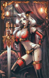 1girls big_breasts big_breasts black_panties black_thong bra breasts busty chair chaos_comics curtain curtains eye_contact eyeshadow female female_only grey_skin holding_sword holding_weapon jewelry knee_up lady_death large_breasts lightbulb lingerie lipstick long_hair looking_at_viewer makeup mascara nail_polish nipples nipples_visible_through_clothing official_art panties pinup red_bra red_lingerie red_lips red_lipstick red_nail_polish red_nails red_sleeves sabine_rich see-through see-through_bra skull skull_belt sleeves solo standing stockings sword thighhigh_stockings thighhighs thighs thong weapon white_eyes white_hair