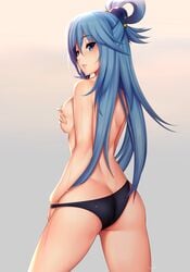 1girls aqua_(konosuba) artist_name ass ass_cleavage backboob black_panties blue_eyes blue_hair breast_hold breasts butt butt_crack covering covering_breasts covering_nipples cowboy_shot female from_behind hair_ornament hair_rings highres kono_subarashii_sekai_ni_shukufuku_wo! long_hair looking_at_viewer looking_back matching_hair/eyes medium_breasts panties parted_lips simple_background solo standing sweat tony_guisado topless underwear underwear_only