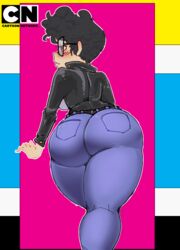 animator big_ass black_hair blush carafalsa cartoon_network dat_ass edited from_behind glasses huge_ass jacket jeans looking_away loser nerd rebecca_sugar solo_female solo_focus