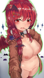 bat_wings brown_jacket gabriel_dropout hair_clips hair_ornament jacket kurumizawa_satanichia_mcdowell microa nipples open_mouth open_shirt pussy red_eyes red_hair red_nails thighhighs uncensored wings