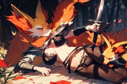 1girls ai_generated armor back big_breast braixen cleavage female forest fox_girl furry knight lingerie_bra lingerie_panties medieval navel pokémon_(species) pokemon pokemon_(species) shoulders sword times