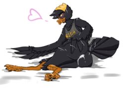 4_toes absurd_res anisodactyl ass avian beak beanie bird bodily_fluids clothing corvid cum cum_everywhere cum_inside cum_leaking cum_on_butt cum_on_face cum_on_feet father_hill feathers furry genital_fluids hat headgear headwear heart hi_res looking_back male male_only messy solo toes yellow_sclera