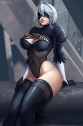 1girls blindfold breasts cleavage clothed female female_only flowerxl hairband large_breasts looking_at_viewer mole_under_mouth nier nier:_automata nier_(series) pinup small_waist solo thick_thighs thighhighs toned toned_female white_hair wide_hips yorha_2b