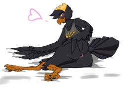 4_toes absurd_res anisodactyl anus avian beak beanie bird clothing corvid father_hill feathers furry gaping gaping_anus hat headgear headwear heart hi_res looking_back male male_only solo toes yellow_sclera