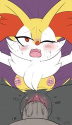 2019 bedding black_fur blush bodily_fluids braixen breasts breath clitoris cute_fangs female female_focus female_penetrated first_person_view fur furry genital_fluids hi_res huff inner_ear_fluff looking_pleasured male male_penetrating nintendo nipple_piercing nipples one_eye_closed open_mouth penetration penis piercing pokémon_(species) pokemon pokemon_(species) pussy pussy_juice red_eyes red_fur red_nose slimefur snout straight vaginal_penetration video_games white_fur yellow_fur