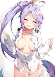 1girls absurdres ahoge areola_slip areolae azur_lane bangs blush bottomless breasts buttons cleavage closed_eyes collarbone eyebrows_visible_through_hair female female_only hair_ornament heart_ahoge highres human large_breasts long_hair long_sleeves naked_shirt no_bra no_panties open_clothes open_mouth open_shirt portland_(azur_lane) shirt side_ponytail simple_background smile standing unacchi_(nyusankin) very_long_hair white_background white_shirt