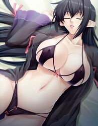 1girls annerose_vajra big_breasts big_breasts black_hair black_panties black_robe black_thong bra breasts busty cleavage closed_eyes closed_eyes erect_nipples erect_nipples_under_clothes female female_only huge_breasts human kagami kagami_hirotaka koutetsu_no_majo_anneroze large_breasts lipstick long_hair lying lying_down lying_in_bed lying_on_back nipples panties pink_lips pink_lipstick pinup robe sleeping solo thong unconscious utility_pole_spirit