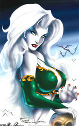 1girls 2012 absurdly_long_hair bat bats big_breasts bra breasts busty chaos_comics dated eye_contact eyeshadow female female_only green_bra green_sleeves jason_jensen lady_death large_breasts lipstick looking_at_viewer makeup mascara mike_debalfo nail_polish nipple_bulge nipples official_art pinup red_lips red_lipstick red_nail_polish red_nails signature signatures skull sleeves solo text upper_body white_eyes