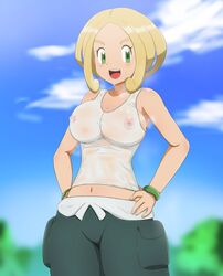 1girls abs alternate_breast_size areolae armpits big_eyes blonde_hair blue_background blush bracelet breasts clothed clothes day eye_contact eyelashes female female_only green_eyes hands_on_hips huge_breasts human human_only impossible_clothes looking_at_viewer midriff nintendo nipples outdoors pants pokemon pokemon_xy see-through shirt short_hair sideboob sky smell smile standing sweat tank_top thin_waist viola_(pokemon) vomqb0hqazddvcb wet