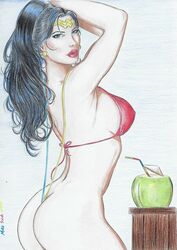 1girls amazon ass bendy_straw black_hair blue_eyes bra breasts coconut coconut_drink dc dc_comics diana_prince earrings eye_contact female female_only goddess justice_league lipstick long_hair looking_at_viewer mike_silva pinup red_bra red_lips red_lipstick sketch solo star_earrings straw superheroine themysciran tiara wonder_woman wonder_woman_(series)