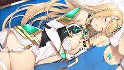 1boy 1girls armor ass bangs bare_shoulders blonde_hair blush breasts cleavage cleavage_cutout closed_eyes cute dress earrings elbow_gloves female gem gloves hair_ornament headpiece hugging hugging_arm jewelry large_breasts long_hair lying mythra nintendo on_side panties pantyshot parted_lips rex_(xenoblade) shirt shoulder_armor sleeping swept_bangs thigh_strap thighs tiara underwear white_dress white_gloves white_panties xenoblade_(series) xenoblade_chronicles_2 yappen