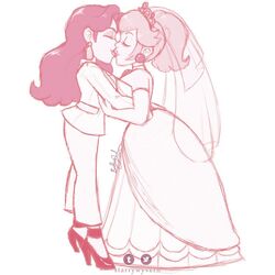 2girls bridal_gown bridal_veil closed_eyes clothed clothing duo earrings female female_only heels high_heels kissing long_hair mario_(series) nintendo pauline princess_peach sketch source_request starrywyvern super_mario_odyssey tiara wedding_dress wedding_peach_(super_mario_odyssey) yuri