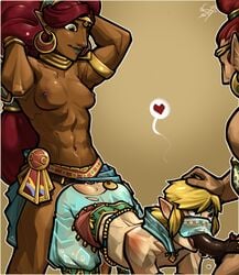 abs anal anal_penetration ass blonde_hair breath_of_the_wild canon_crossdressing clothed_sex crossdressing dildo doggy_style double_penetration fellatio female femboy femdom gerudo gerudo_link hylian link link_(breath_of_the_wild) male male_penetrated malesub muscular_female nipples outline pegging qsy sex size_difference small_breasts spitroast spoken_heart straight strap-on strap-on_fellatio strapon taken_from_behind the_legend_of_zelda threesome torn_clothes trap urbosa